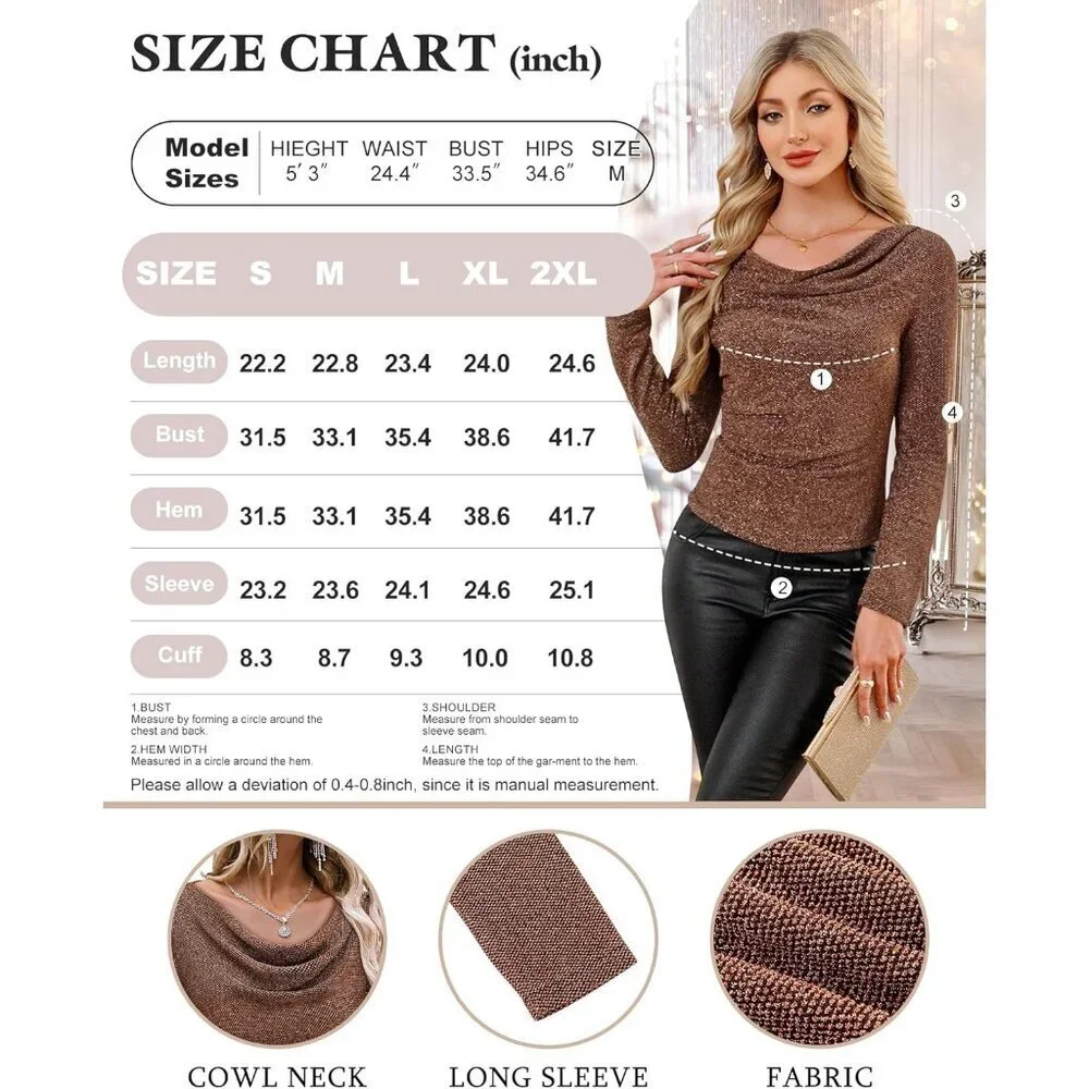 Women's Cowl Neck Long Sleeve Sequin Top Slim Fit Party Blouse - Picture 7 of 7